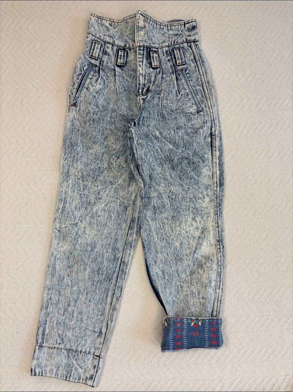 80s No Problem! High Waist Acid Wash Jeans Aztec Cuff Vtg Kids 10-Adult US00/XXS